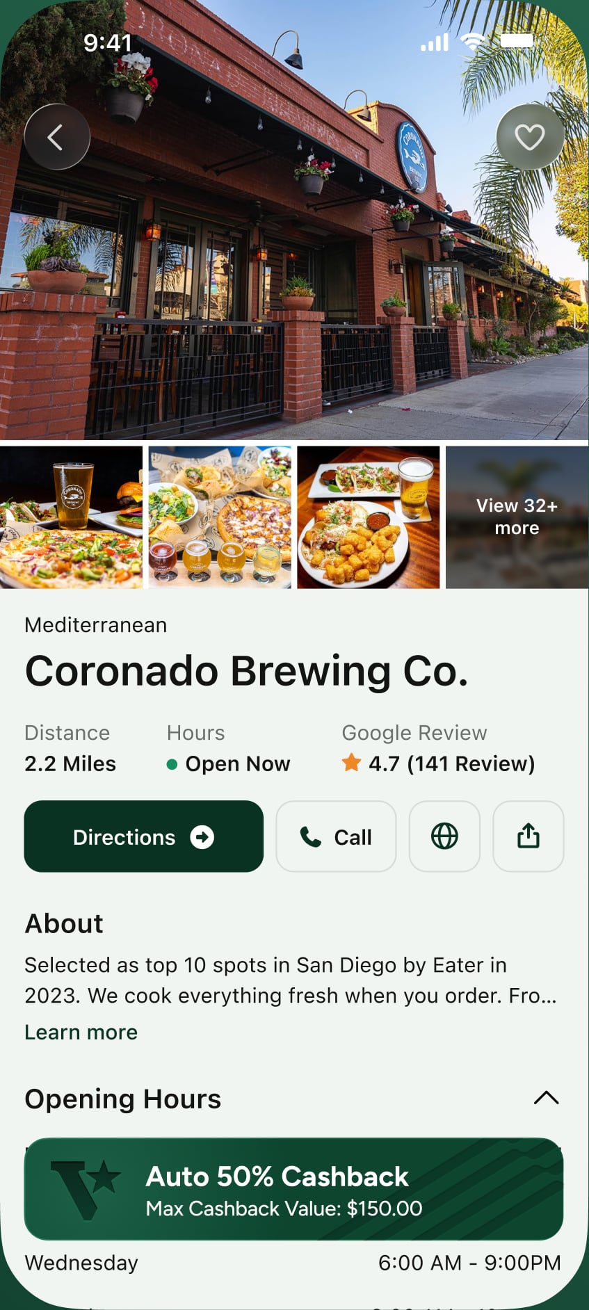 A merchant profile with photos, rating and cashback offer