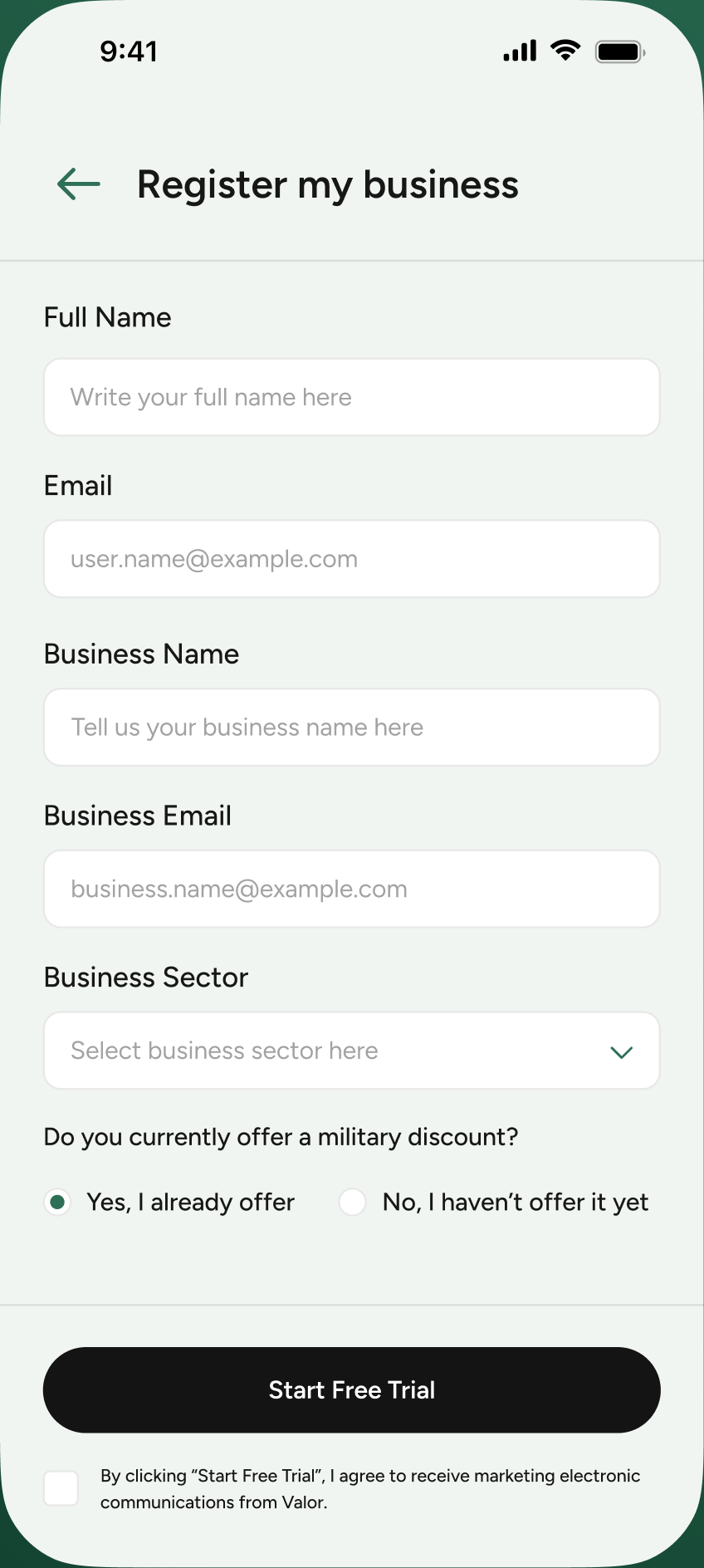 The Register my business form