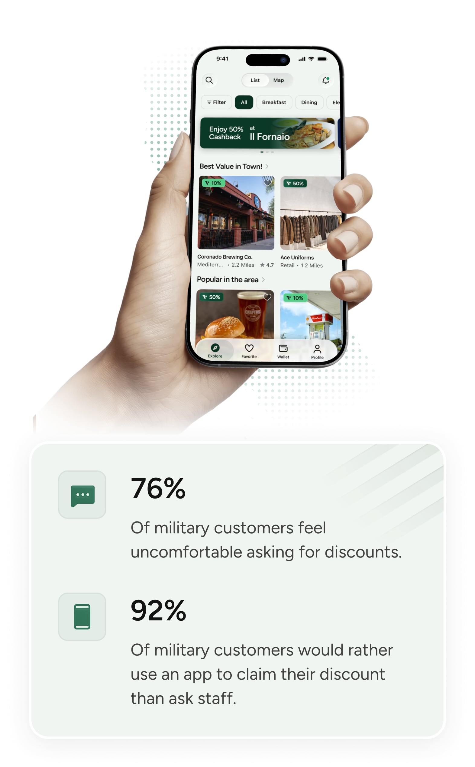 The Valor app open on a phone. 76% of military customers feel uncomfortable asking for discounts; 92% would rather use an app to claim their discount than ask staff.