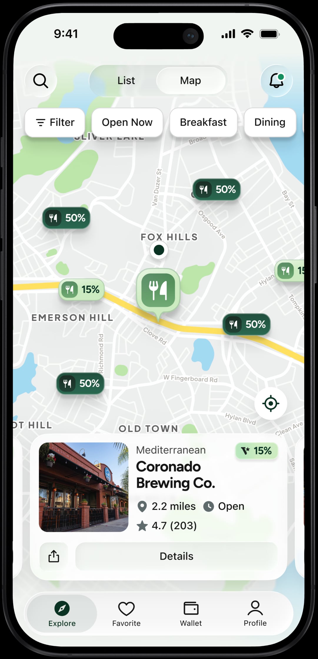 The Valor app showing nearby merchants and their cashback rates