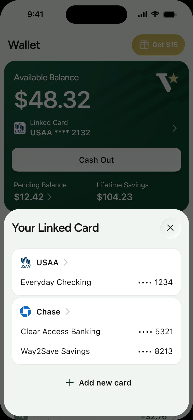 The Valor wallet screen with linked cards