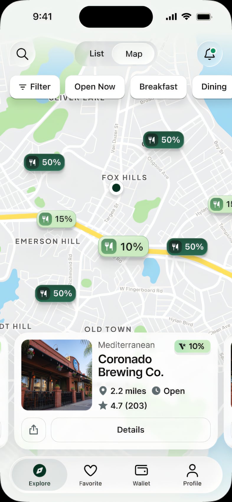 The Valor map showing nearby merchants and their cashback rates