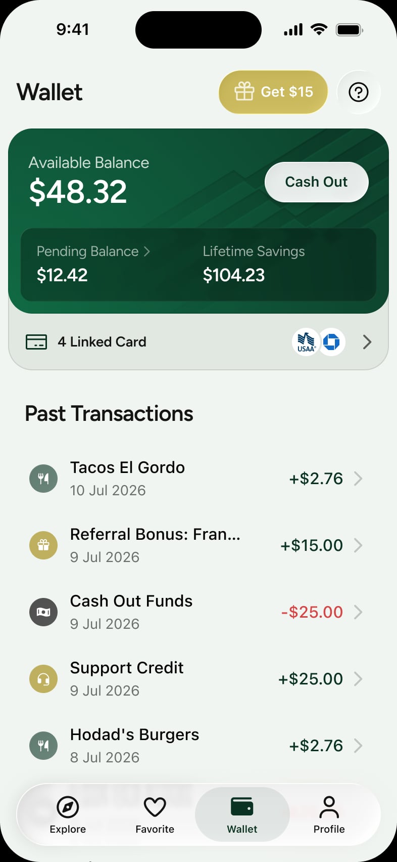 The Valor wallet showing cashback added to recent transactions